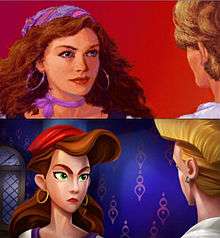 The top half of the image depicts a woman with red hair, green eyes and a headscarf talking with a young man, whose face is obscured. The image is rendered in mostly realistic pixel art and is set against a non-descript red background. The bottom half depicts the same situation; however, the art style is far more stylized, drawing on cartoon elements. The background is more substantial, showing the walls and a window behind the woman.