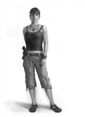 A black and white image of a woman standing cocked to the right. Her right arm is behind her, and her left in front. She is wearing a tank top covering another, white tank top. Her pants are khaki, and reach down just past her knees. She has a gun stuck through the right side of a belt, sandals, a necklace, and a bracelet on her left arm. She has brown hair and looks off in the distance to her left.