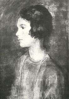 black and white reproduction of oil painting of a 9-year-old girl, in left profile