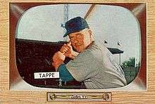 A baseball card of a man holding a baseball bat. The name "Tappe" is listed in the bottom left corner.