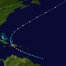 Tracking map of a hurricane. The path depicted in the image starts to the east of the Lesser Antilles and curves into Hispaniola before passing Bermuda.