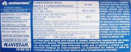 Valve cover sticker from International-Navistar AT190 7.3 liter turbo-diesel engine as installed in 1994 Ford F-350 Turbo Diesel