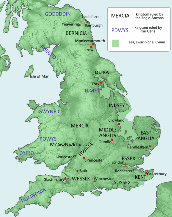 Map showing the kingdoms of Dyfed, Powys, and Gwynedd in the west central part of the island of Great Britain. Dumnonia is below those kingdoms. Mercia, Middle Anglia and East Anglia run across the middle of the island from west to east. Below those kingdoms are Wessex, Sussex and Kent, also from west to east. The northern kingdoms are Elmet, Deira, and Bernicia.