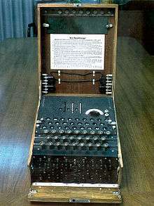 Enigma machine typewriter keypad over many rotors in a wood box