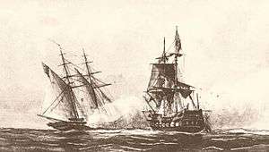 The schooner USS Enterprise opens up a broadside upon the polacca Tripoli at close quarters in the open sea, blowing debris off the ship in a cloud of splinters.