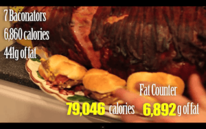A screenshot of hamburgers being added to the meal, with fat and calorie counters visible at the upper left and lower right hand sides of the image.