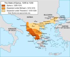Map of the Balkans, with the original core of Epirus and its conquered territories shown in various shades of orange