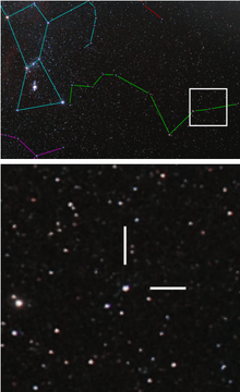 The upper photograph shows a region of many point-like stars with colored lines marking the constellations. The lower image shows several stars and two white lines.