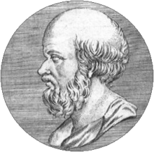 An etching of a man's head and neck in profile, looking to the right. The man has a beard and is balding.