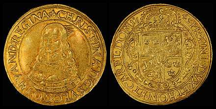 Queen Christina of Sweden depicted on an Erfurt (German States), 10 Ducat coin (1645) (obverse)