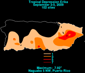 Map of Puerto Rico depicting rainfall from a tropical cyclone. Only the northwestern portion of the island is without rain and the highest totals are found along the esatern edge.