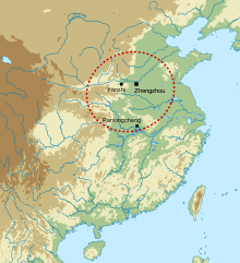 Relief map of eastern China with an oval covering most of the North China Plain, the Yanshi and Zhengzhou sites just south of the Yellow River and the Panlongcheng site just north of the Yangtze