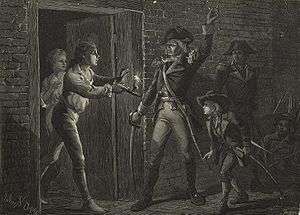 A very dark black-and-white print. Ethan Allen is shown in the center, wearing a military uniform. His left hand is raised, and his right hand holds a sword. He is facing left toward the doorway to a stone house. There is a man in the doorway, holding a lit candle. A woman is visible behind this man. On the right side of the print, behind and to Allen's left, are a boy and two uniformed men, only dimly visible.