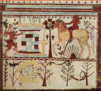 A helmeted figure emerges from behind a fountain, topped with two lions. That is being approached from the other side by an unarmoured rider. Below the horse is a setting sun. Painted underneath this scene are trees shown in different seasons of the year.