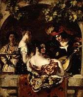 Man with a lute serenades two women while a black servant brings food