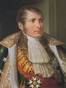 Painting shows a wavy-haired man in early 1800s court dress. He wears a frilled shirt front and a coat with lots of gold braid.