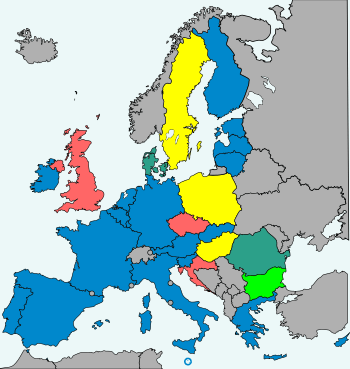 map of Europe with countries colored blue, green, yellow, red, and gray