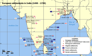 A map of the Indian subcontinent depicting the European settlements in India in the period from 1501 to 1739