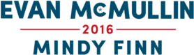 McMullin's campaign logo, with the name "EVAN MCMULLIN" in large blue letters on top, the number "2016" breaking a red horizontal line in the middle, and the name "MINDY FINN" in smaller blue letters on bottom