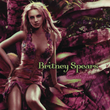 Image of a blonde woman. She is sitting in a giant purple flower wearing a dress in the same style. In the middle of the image, the words "Britney Spears" are written in green capital and small letters. Below them, the word "Everytime" is written in purple italics.