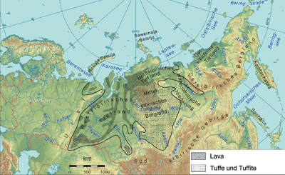 The Siberian Traps underlie much of Russia, from the Lena River west to the Ural Mountains (around 3,000 km), and stretching south from the Arctic coast almost to Lake Baikal (around 2,000 km).