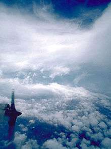 A photograph of the eye of a hurricane. One of the engines of a hurricane hunter aircraft can be seen in the bottom right portion of the image. Scattered clouds at the bottom give way to water. In the middle, the eyewall of the storm is clearly seen and near the top, there are wispy cirrus clouds. A portion of the top of the image shows the sky.