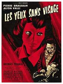 Movie poster tinted red. It depicts Christiane Génessier's head wearing her mask staring away. In the bottom right corner, Doctor Génessier is suffocating a female victim. Text at the top of the image includes the two leads and the film's title. Text at the bottom left of the poster reveals further production credits.