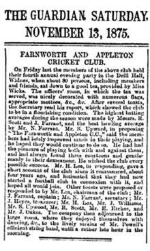 A newspaper extract from the Farnworth & Appleton Guardian in 1875 announcing the formation of Farnworth & Appleton Football Club.