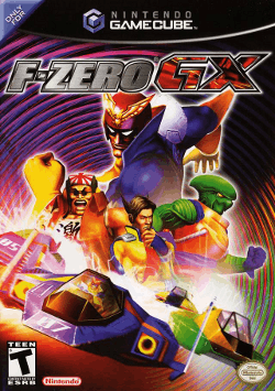 Four characters pose amid a colorful background. "F-Zero GX" appears in stylized capitals above them, and are seen driving their respective vehicles beneath them.