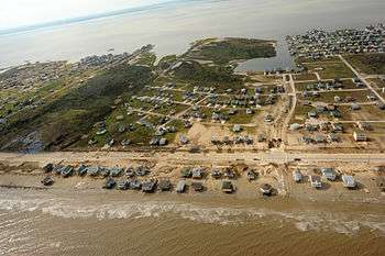 Aerial view of damaged coastal property on the Bolivar Peninsula.