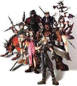 An artwork by Tetsuya Nomura depicting a group of eight characters, the playable cast of Final Fantasy VII.