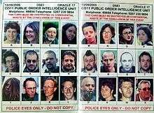 A piece of paper with 24 photographs of people saying "for police eyes only" and that it should be destroyed after the event