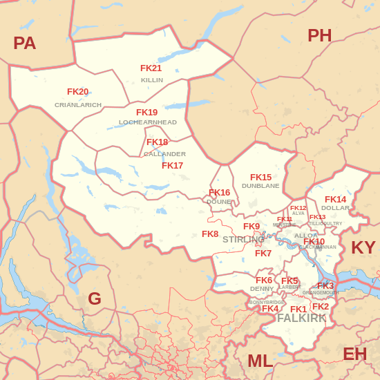 FK postcode area map, showing postcode districts, post towns and neighbouring postcode areas.