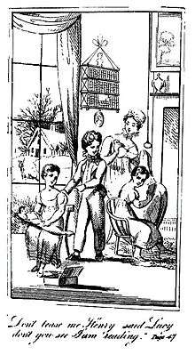 A drawing of a woman watching three children play in a  room with a large, draped window.