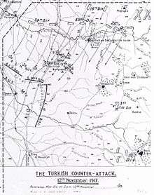 Map shows the positions of the Australian Mounted Division before, during and at the end of 12 November. Also identified are the Ottoman divisions involved and the direction of their attack.