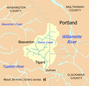 Fanno Creek, which begins in Portland, Oregon, flows west to Beaverton then south through Tigard before entering the Tualatin River near Durham. Fanno Creek's drainage basin lies mainly in Washington County near Beaverton and Tigard and secondarily in Multnomah County near the headwaters. The stream also drains a small part of Clackamas County east of Tigard and south of Portland.