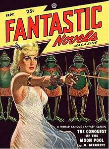 The words "FANTASTIC Novels" in red letters with black outlines on a horizontal lightning bolt of yellow above a row of amphibian humanoids standing behind a woman