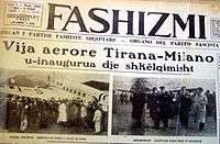 Cover of Fashizmi, March 2, 1940 issue. Headline announces inauguration of Milan-Tirana flight.