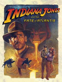 A drawn image showing the logo of the game and a horned gargoyle head emanating lava from its mouth. Several scenes from the story are superimposed over the drawing: A camel chase, a uniformed Nazi soldier holding the red-headed Sophia Hapgood who wears a glowing amulet, and the main protagonist Indiana Jones with his fedora and bullwhip.