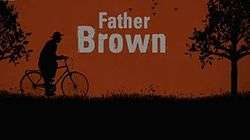 Series title and a silhouette of father Brown on a bicycle