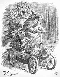 1896 engraving of Father Christmas driving an early car