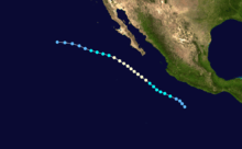 Storm track of Hurricane Fausto, it starts southwest of Mexico and moves in a northwesterly direction, before ending well west of Baja California