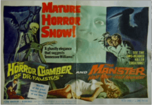  A film poster advertising for the films The Manster on the right and The Horror Chamber of Dr.Faustus on the left. The left side features a skeleton and a small image of suffocation from the film as well as text praising the film. The second side of the poster features a two-headed man wielding a dagger with a woman in peril at the bottom dressed in white.