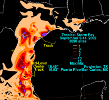 A map depicting rainfall totals produced across Texas and Mexico from a weak tropical storm.
