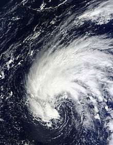 Satellite image of Subtropical Storm Fay over the open ocean