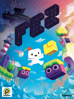 This cover art with a cool color palette shows a cartoonish Gomez hopping between two purple platforms lined with grass. The black, angled Fez logo is in the foreground, and various parts of Fez, including animals, the multicolored guide, a lighthouse, and the sea show in the background.