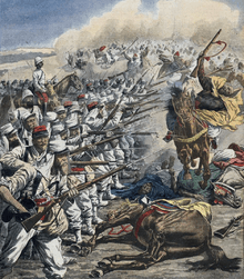 A square of French troops with fixed bayonets defends against a charge of mounted Moroccans
