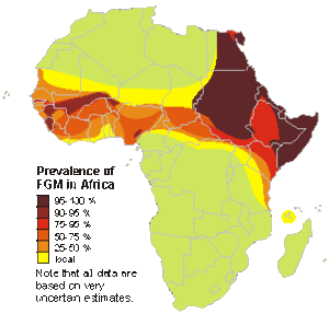 Colored map of Africa showing regions where female genital cutting is widely practiced