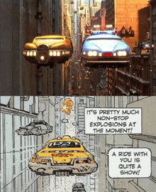 A screenshot of a flying taxi in the film, placed above a drawingof a flying taxi from a comic book