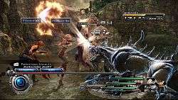 A man and a woman attacking a spined, canine monster with swords in a canyon, with a UI overlay on top of the image depicting their status.